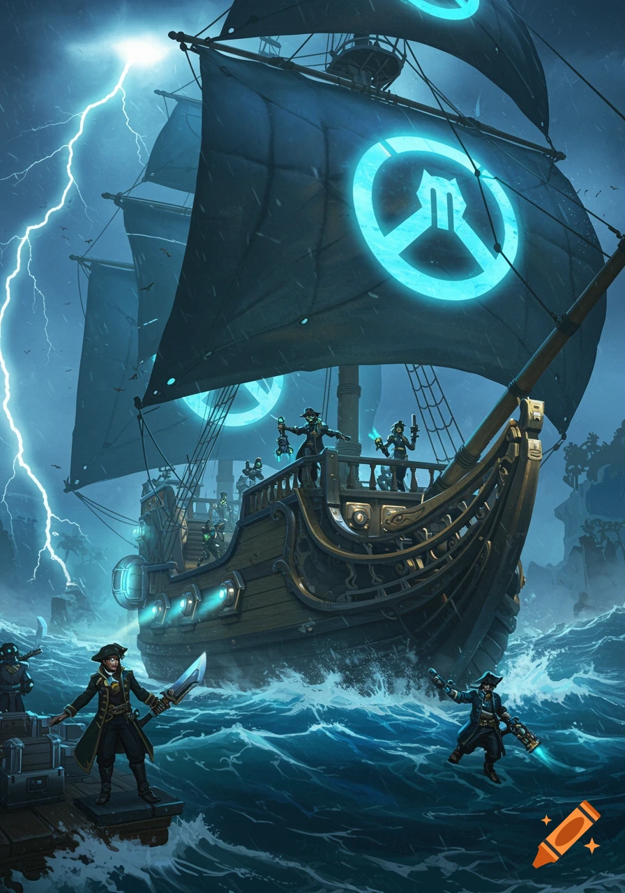 A dynamic illustration of an Overwatch-themed pirate galleon with glowing symbols on its sails, battling a lightning storm at sea.