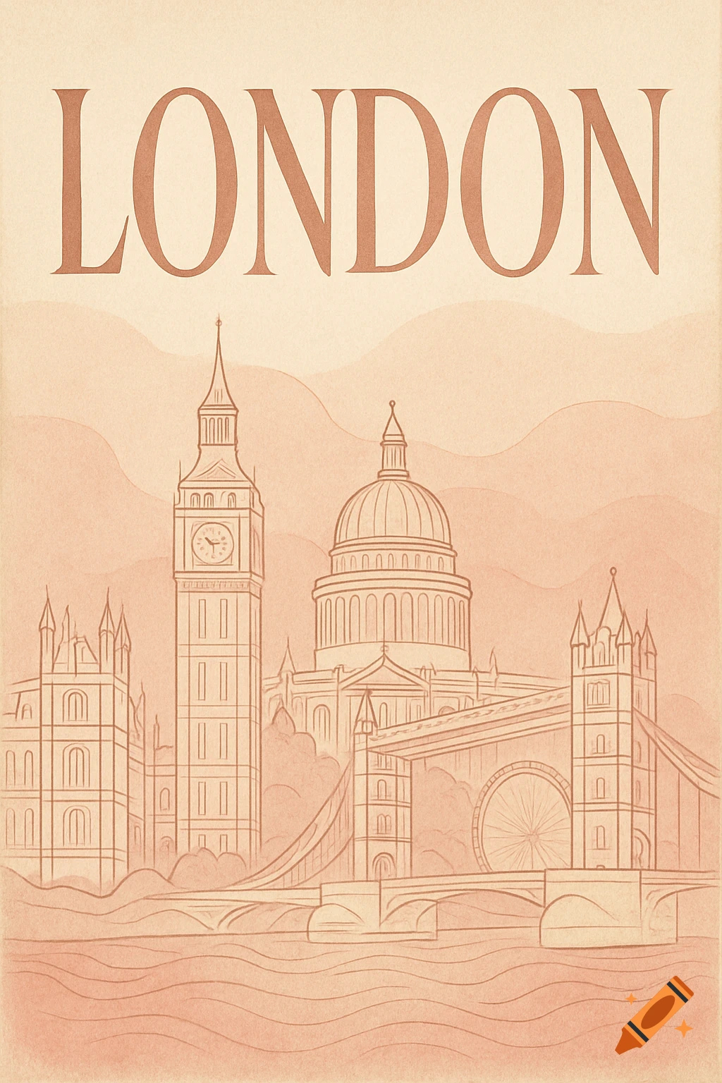 Vintage-style line art poster of the London skyline with Big Ben, St. Paul's Cathedral, and Tower Bridge, with 'LONDON' text above.