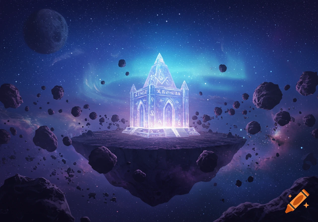 A glowing, crystalline structure with symbols sits on a floating island of rock in a starry blue and purple galaxy.