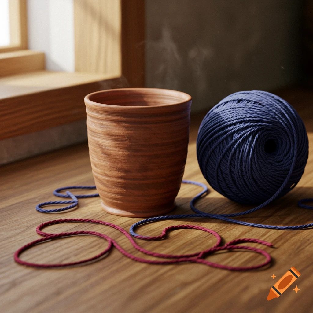 A terracotta pot and a ball of blue yarn with unspooled red yarn on a wooden surface near a window, lit by natural light.