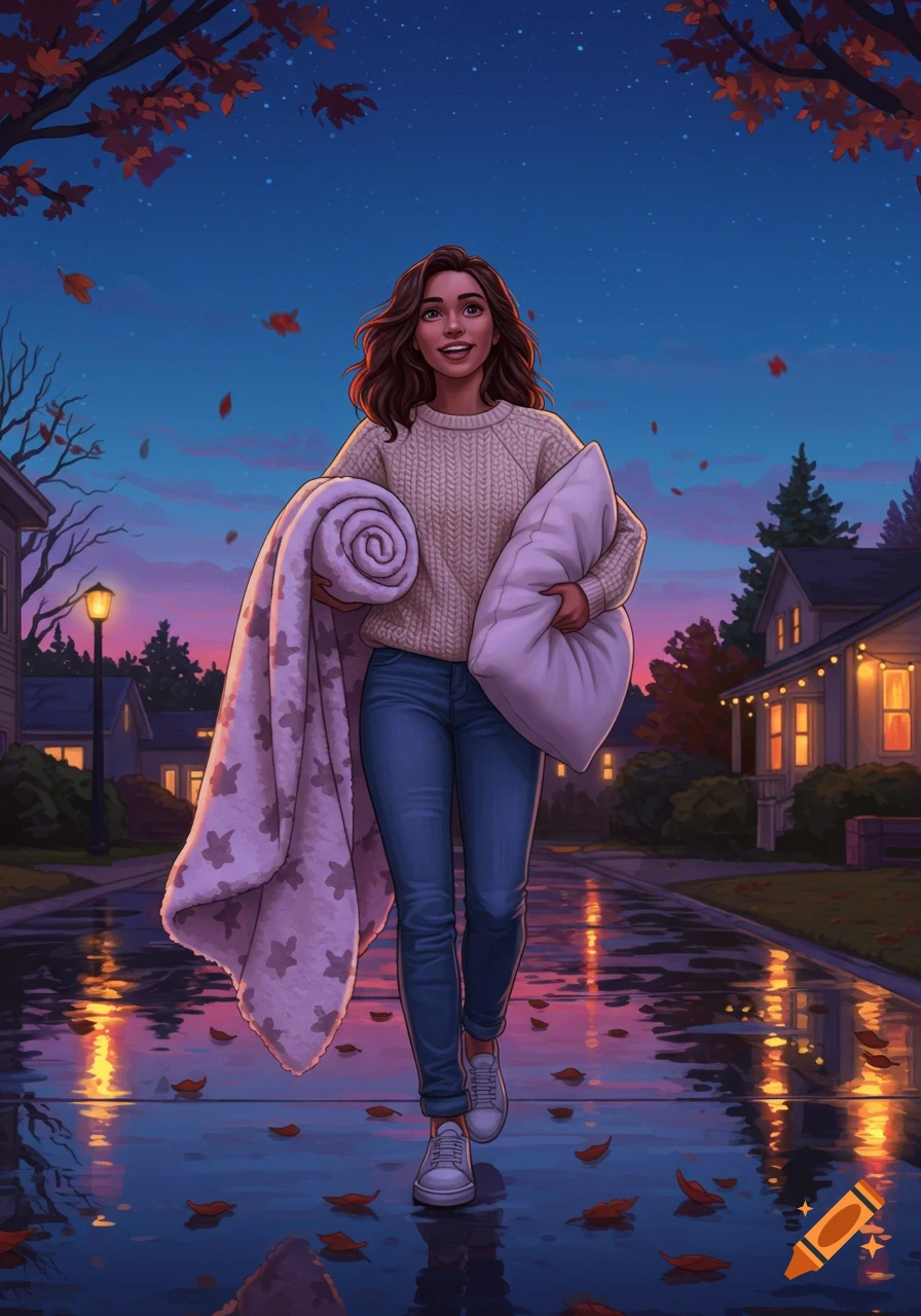 An illustration of a young woman walking down a wet street at dusk, holding a blanket and pillow, with autumn leaves and lit houses.