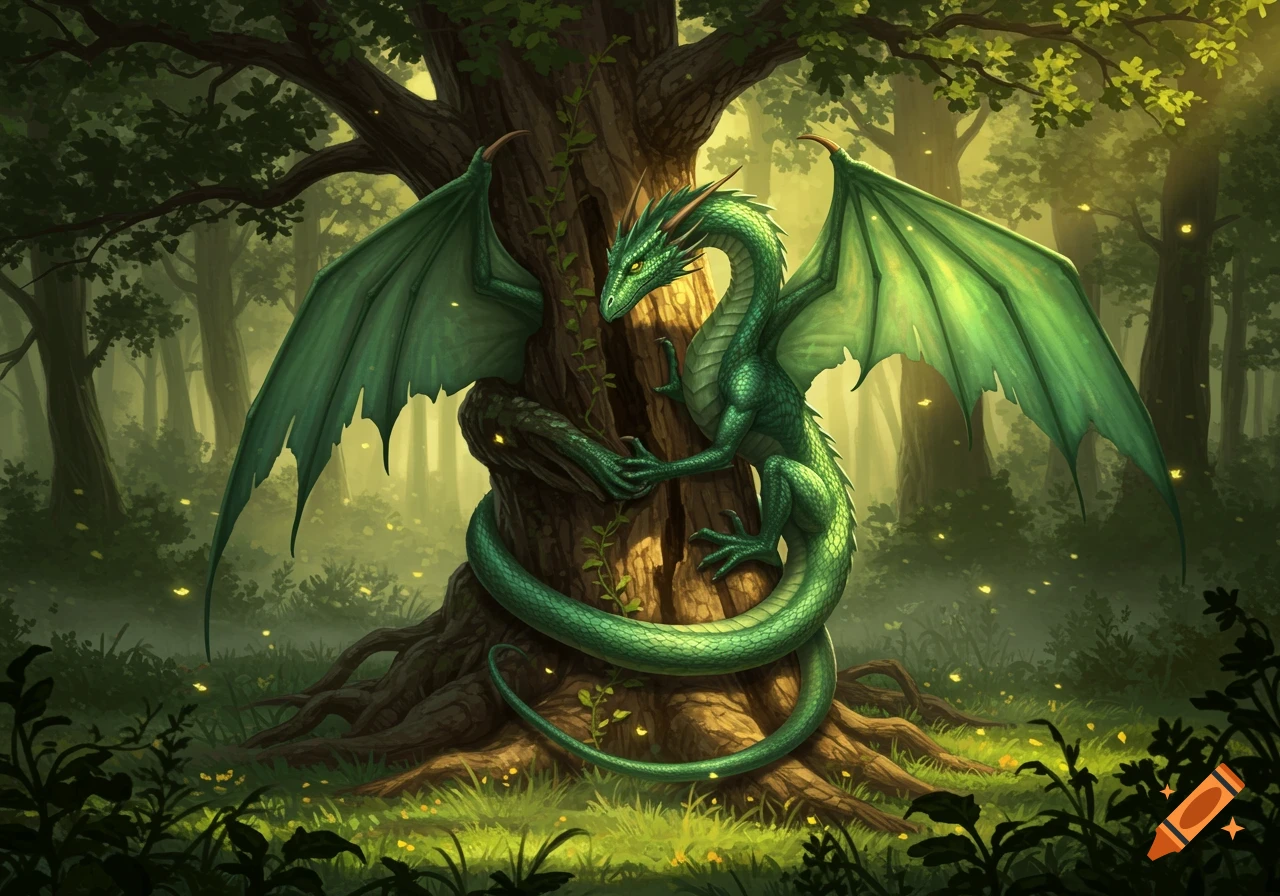 A vibrant green wyvern dragon with large wings wrapped around a large tree trunk in a mystical, sun-dappled forest.