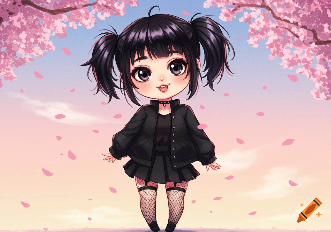 A chibi anime girl with black pigtails, wearing a black jacket, skirt, and fishnet stockings, stands under blooming cherry blossom trees.