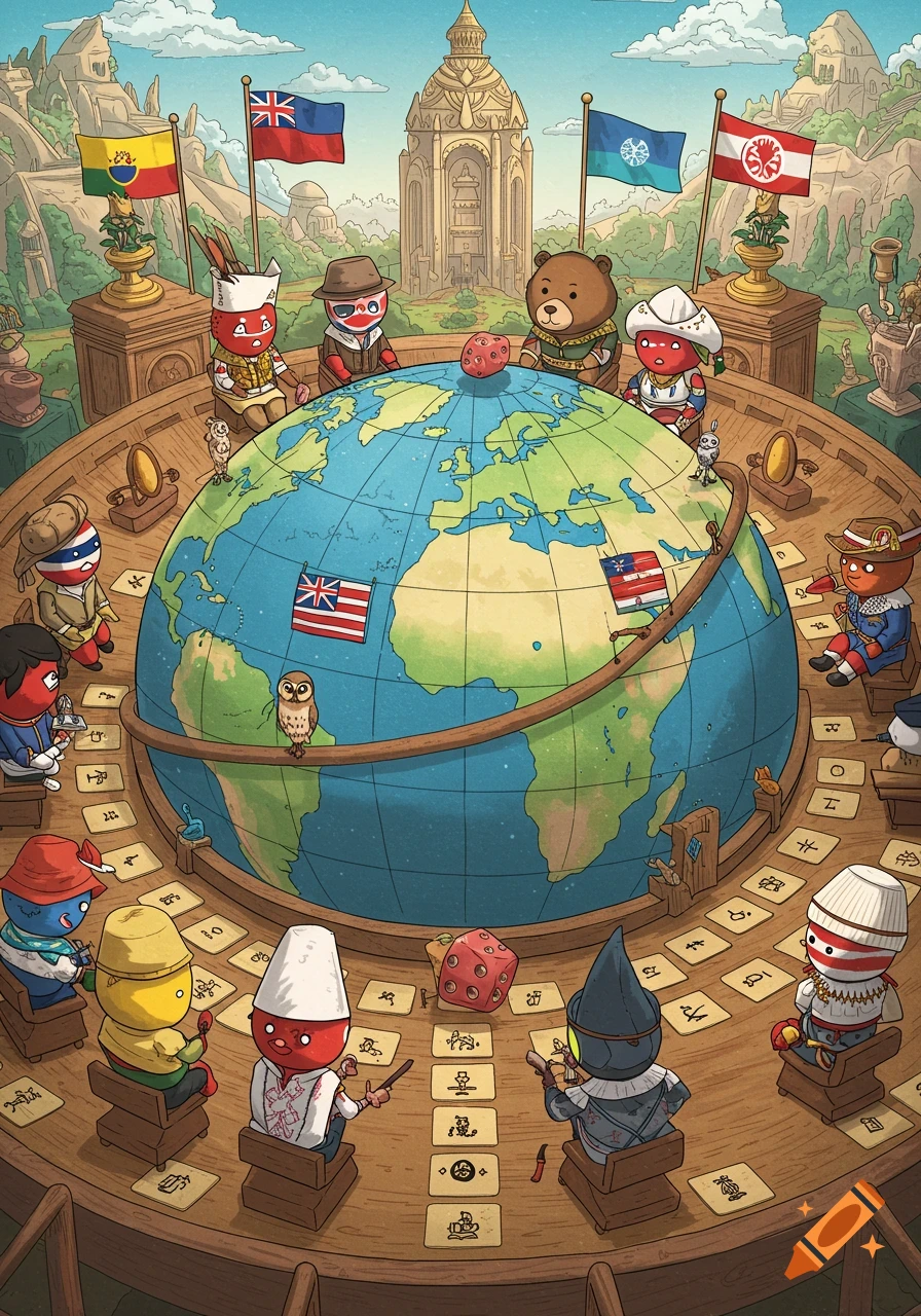A whimsical illustration of anthropomorphic country-shaped characters gathered around a giant globe, playing a board game in a stylized temple setting.