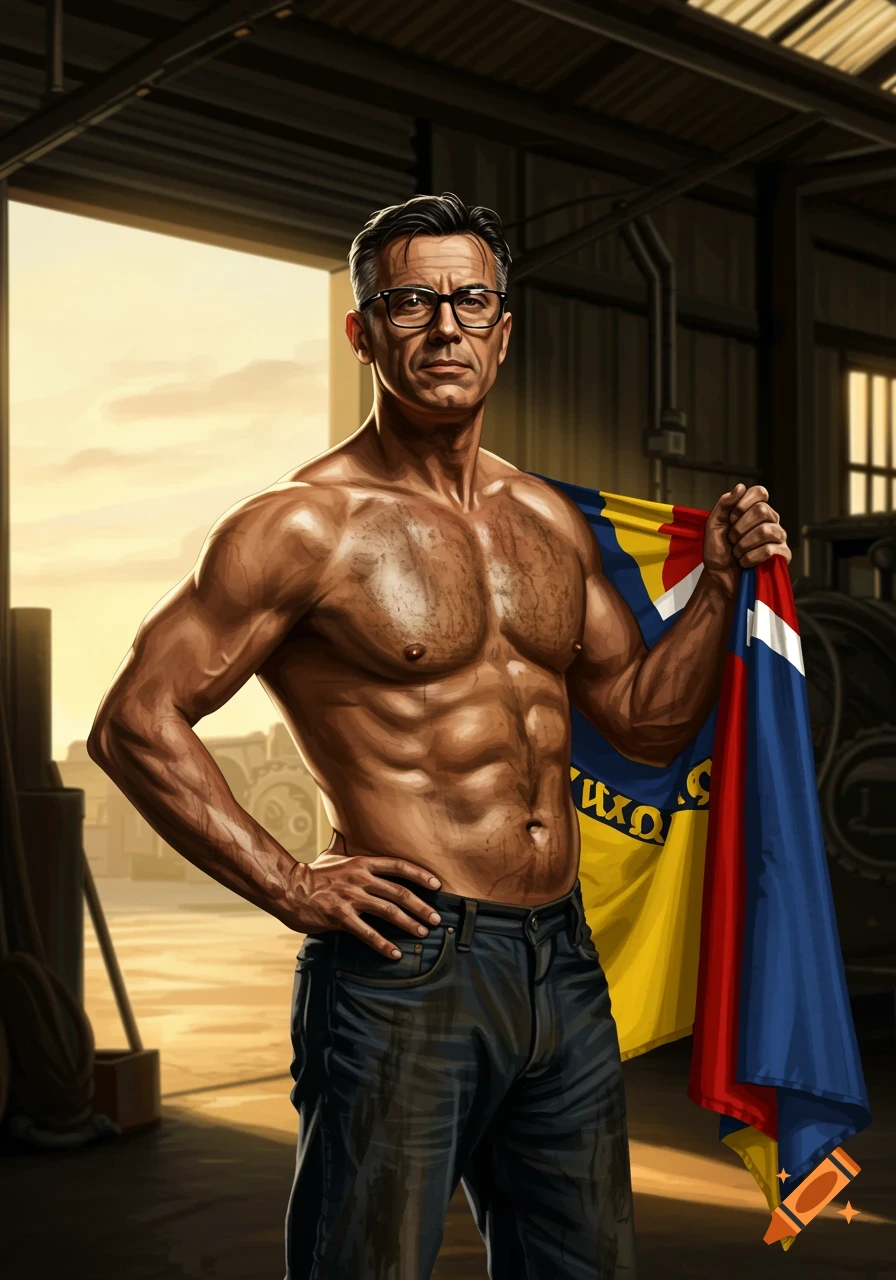 A muscular man in his 50s, shirtless and wearing jeans, stands in a workshop holding a garbled flag. Oil smudges are on his chest and jeans.