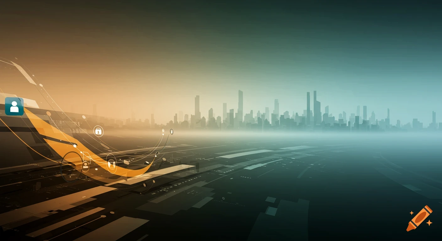 Futuristic abstract digital cityscape background with glowing lines and tech icons, fading from orange to teal.