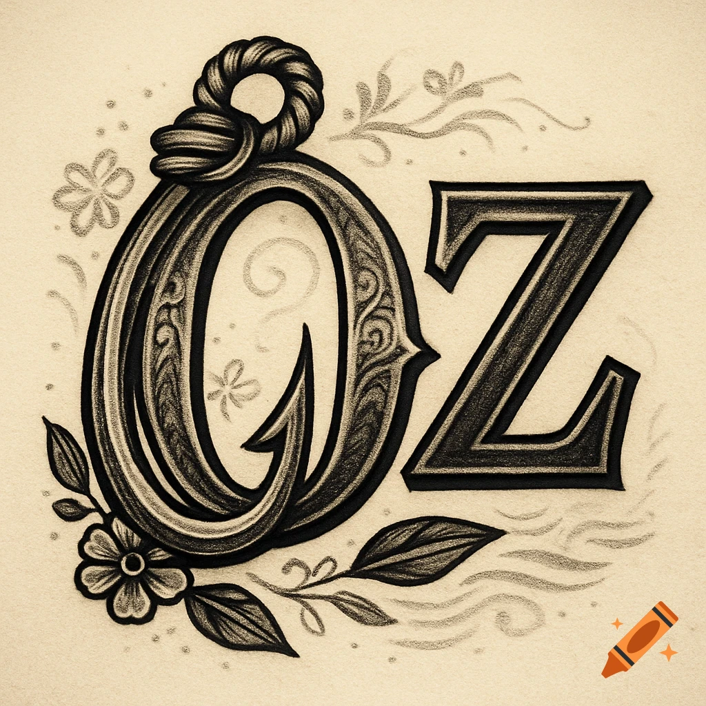 A black and white traditional tattoo style illustration of the letters OZ with a decorative fish hook at the top of the O and floral elements.