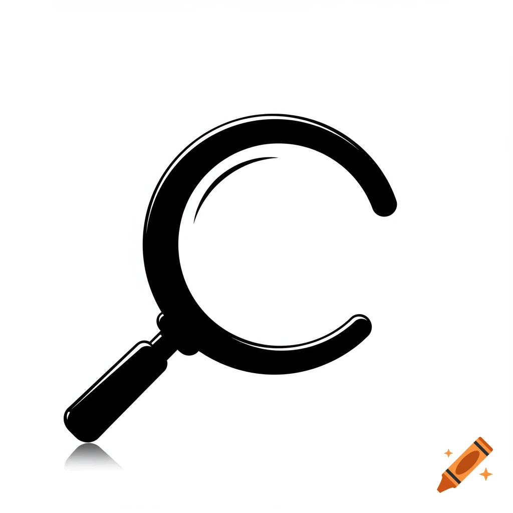 A black C-shaped magnifying glass icon with a handle and reflection on a white background.