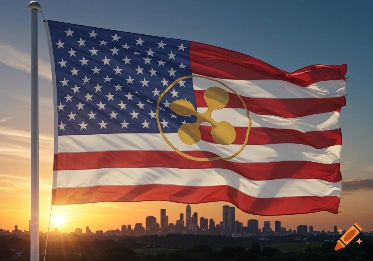 An American flag with a golden XRP (Ripple) logo waves against a sunset sky over a city skyline.