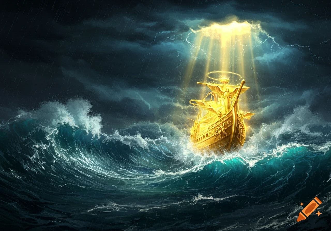 A golden divine ship with angelic figures sailing through raging dark, stormy seas under a beam of light from the heavens.