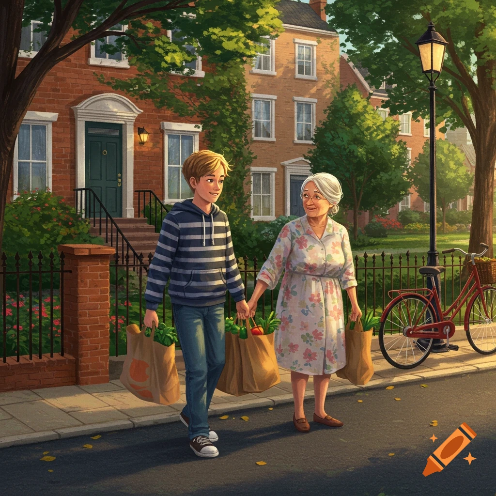A smiling boy and an elderly woman, holding hands, walk down a sunny street carrying grocery bags, with houses and trees in the background.