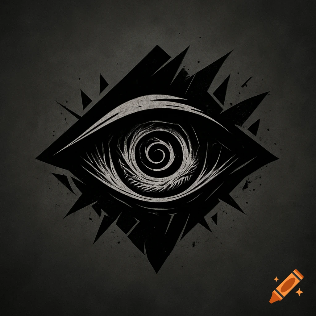 A stylized black and white eye with a swirling pupil in a sharp, fragmented geometric design on a dark background.