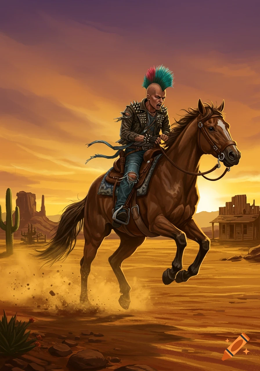 A punk-rocker with a colorful mohawk rides a horse through a dusty Western desert landscape at sunset.