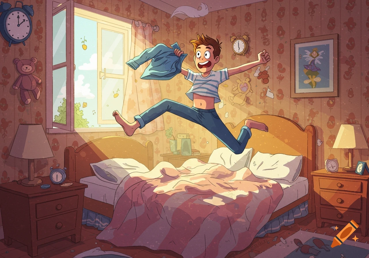 A cartoon boy jumps excitedly out of bed, holding a blue shirt in a sunny bedroom filled with light.