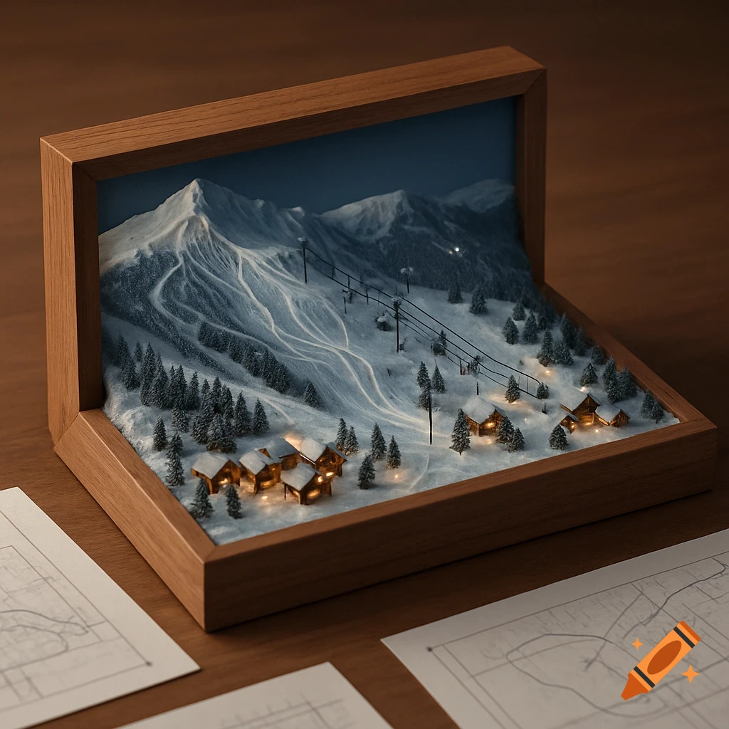 A hyper-realistic miniature 3D diorama of a snow-covered ski resort in a wood shadow box on a desk with sketches.