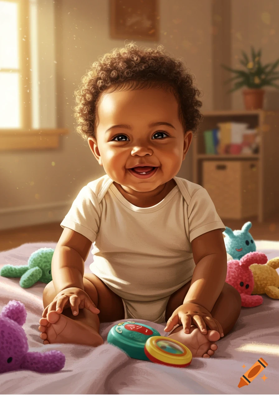 A happy baby with dark curly hair sits on a pink blanket surrounded by colorful toys, smiling at the viewer in a brightly lit room.