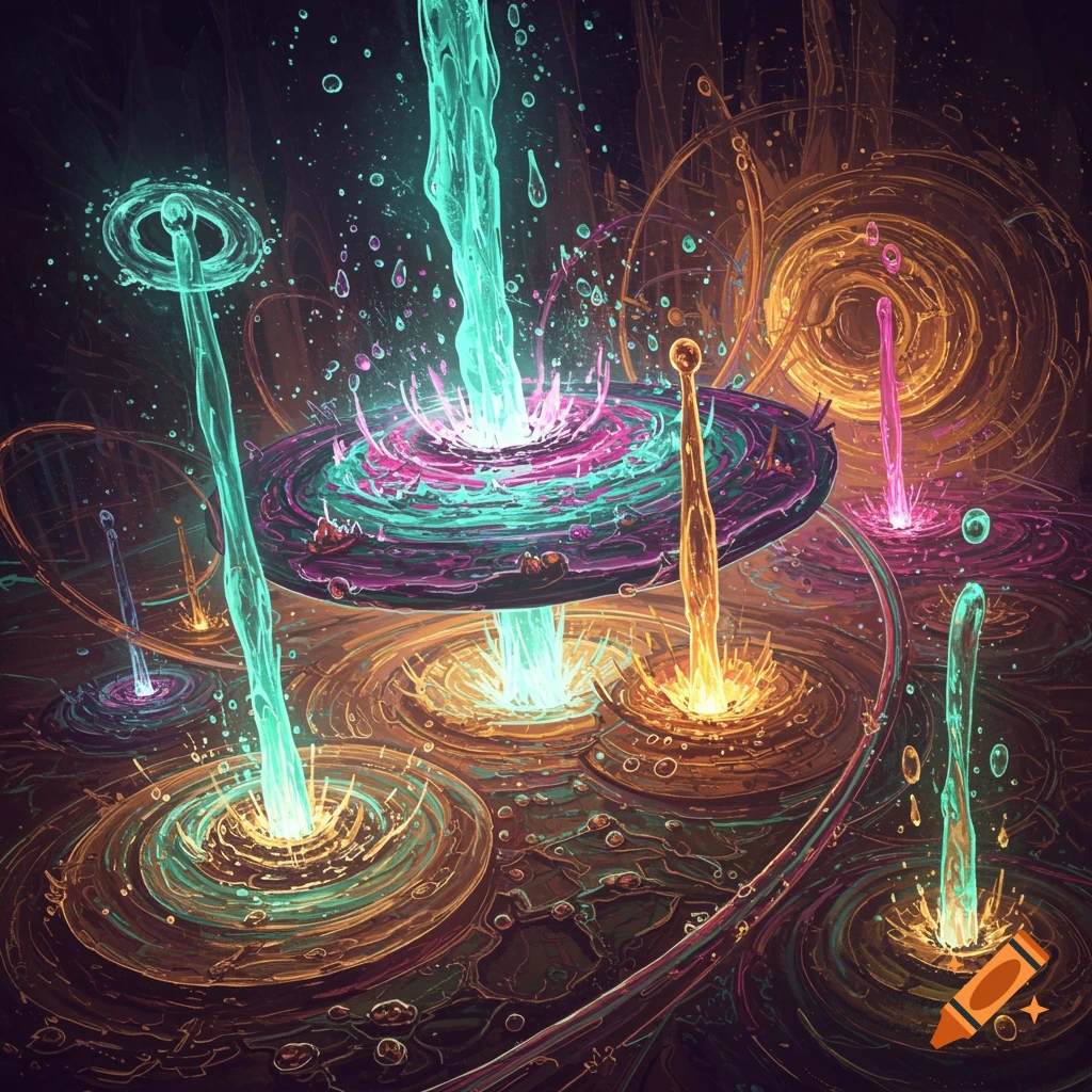 Abstract vibrant artwork depicting multiple glowing toroidal fountains and energy portals with swirling colorful light.