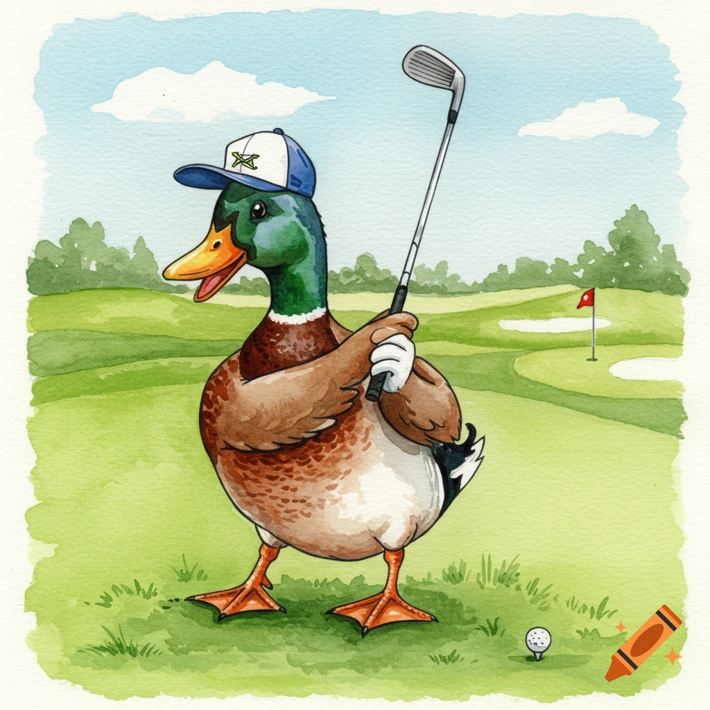 Watercolor illustration of a mallard duck wearing a backwards baseball cap and swinging a golf club on a golf course.