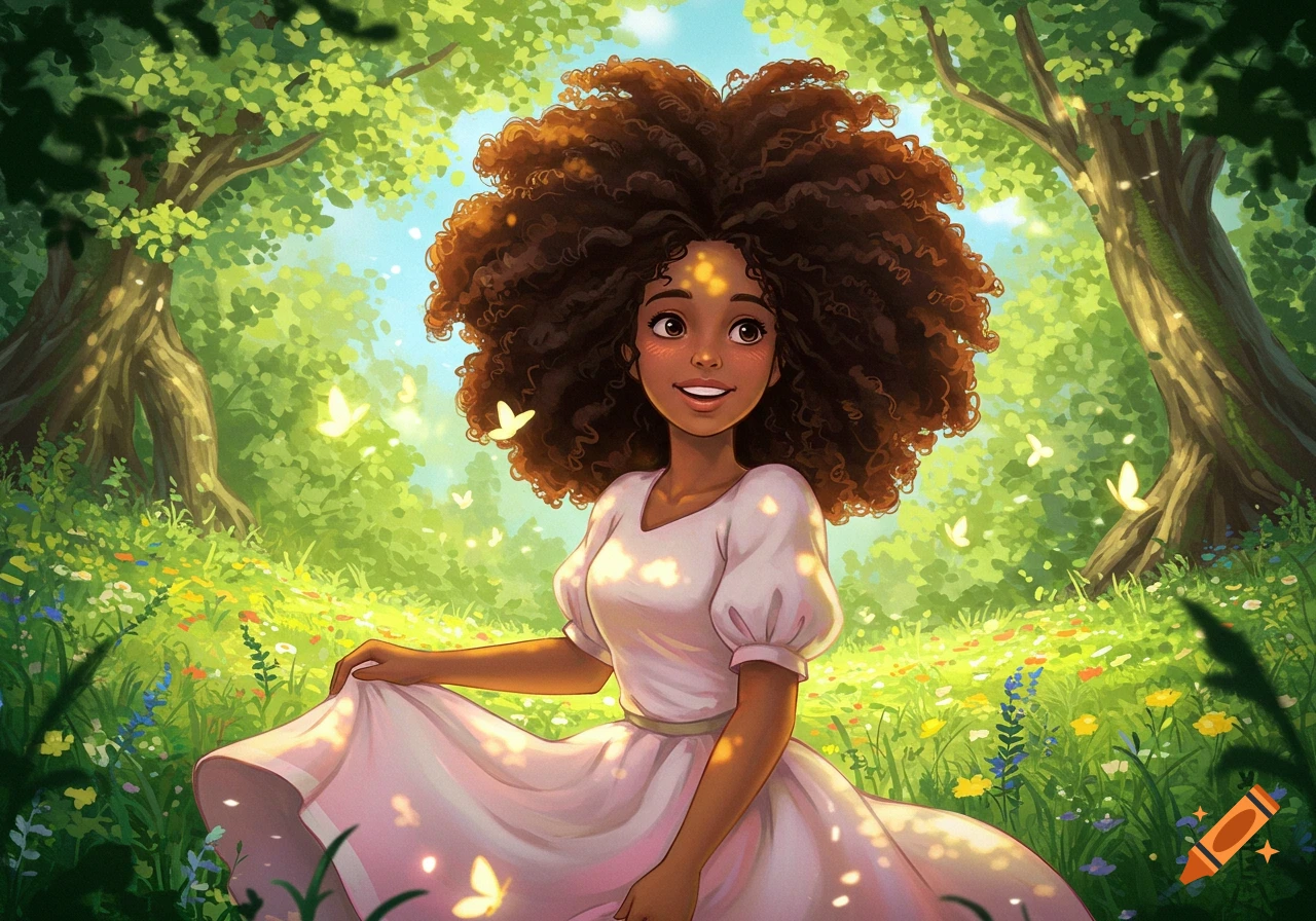 A smiling, dark-skinned woman with large curly hair in a pink dress sits in a lush green meadow with butterflies, in a Studio Ghibli animation style.