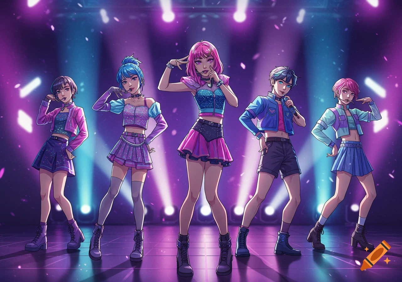Anime-style K-pop group performing on a stage with vibrant purple and blue spotlights.