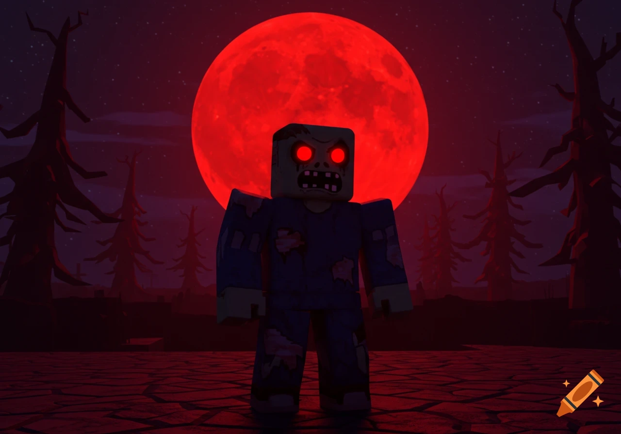 Roblox style zombie with glowing red eyes stands under a large red moon in a dark, spooky landscape.