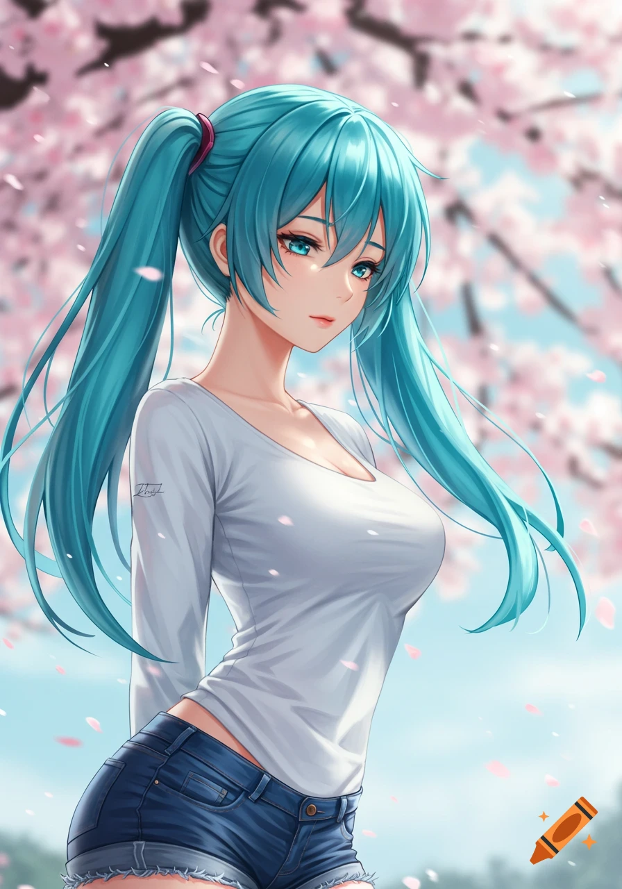 An anime girl with long turquoise hair and blue eyes, wearing a white long-sleeve shirt and jean shorts, stands under cherry blossoms.