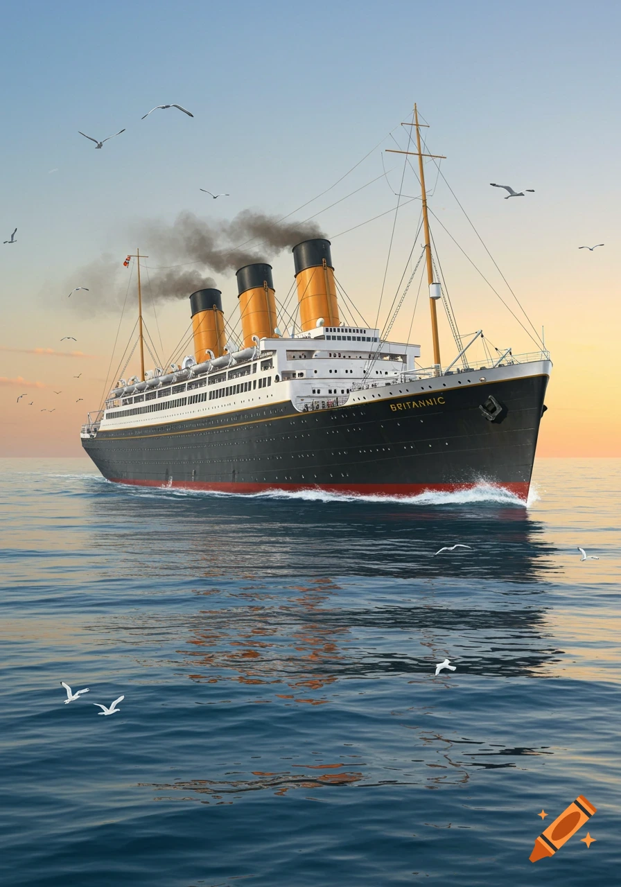 A large black and white ocean liner, the Britannic, sails on calm blue waters under a clear sky with gulls flying. The sun is setting, casting warm light on the horizon.