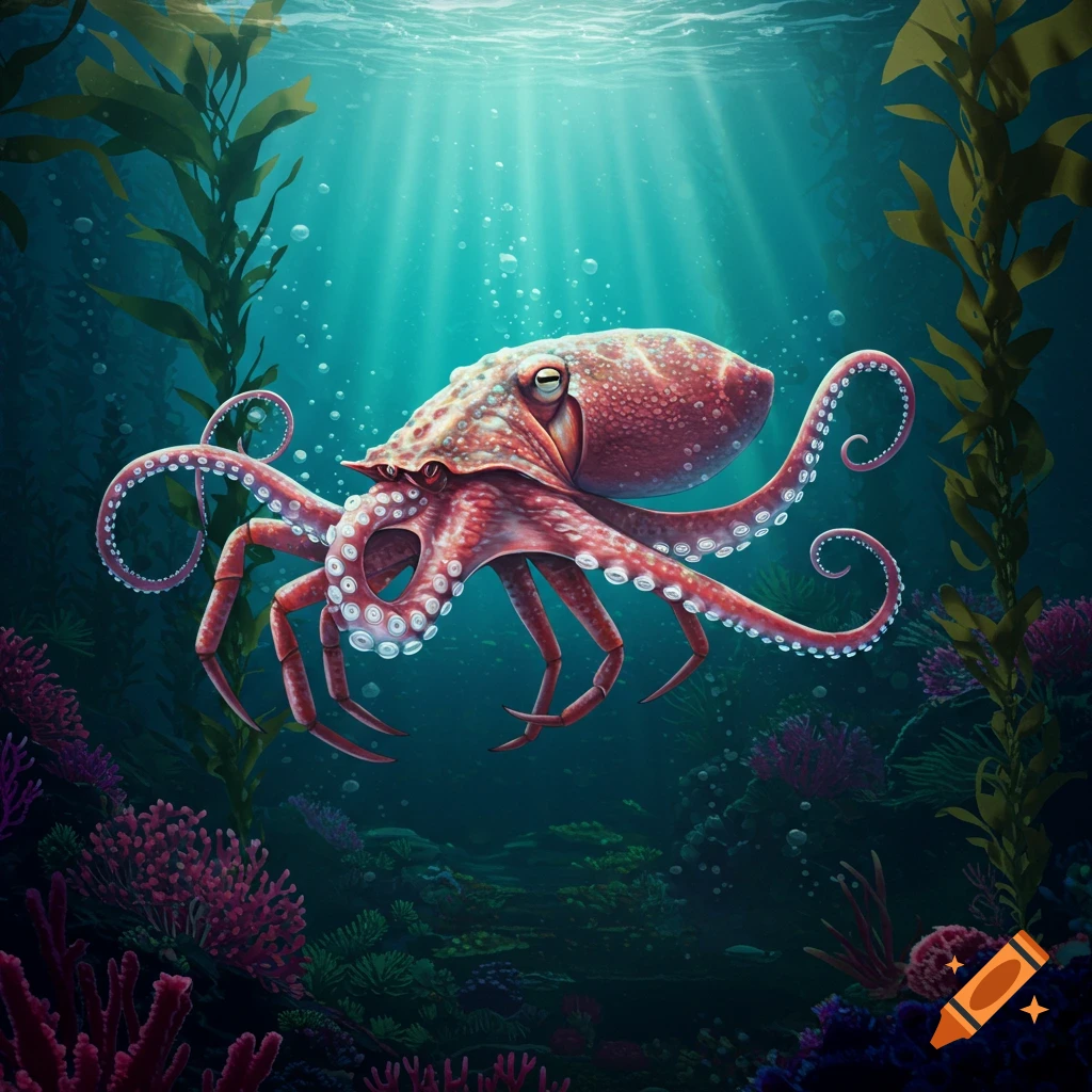 A red octopus-like creature with some crab-like features swims in a vibrant underwater scene with kelp and coral.