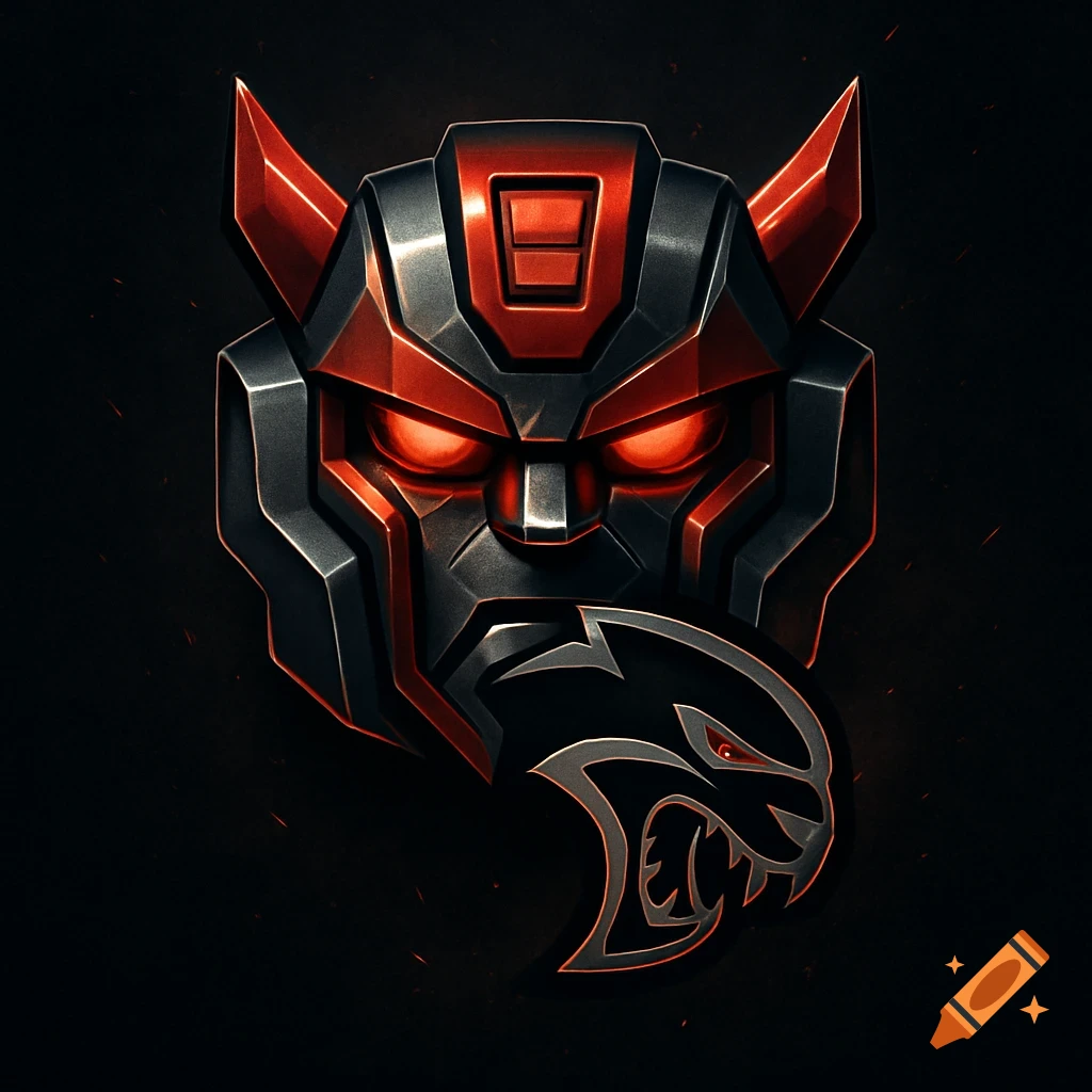 A dark gray and red robotic head with glowing red eyes, stylized as a Hellcat logo.