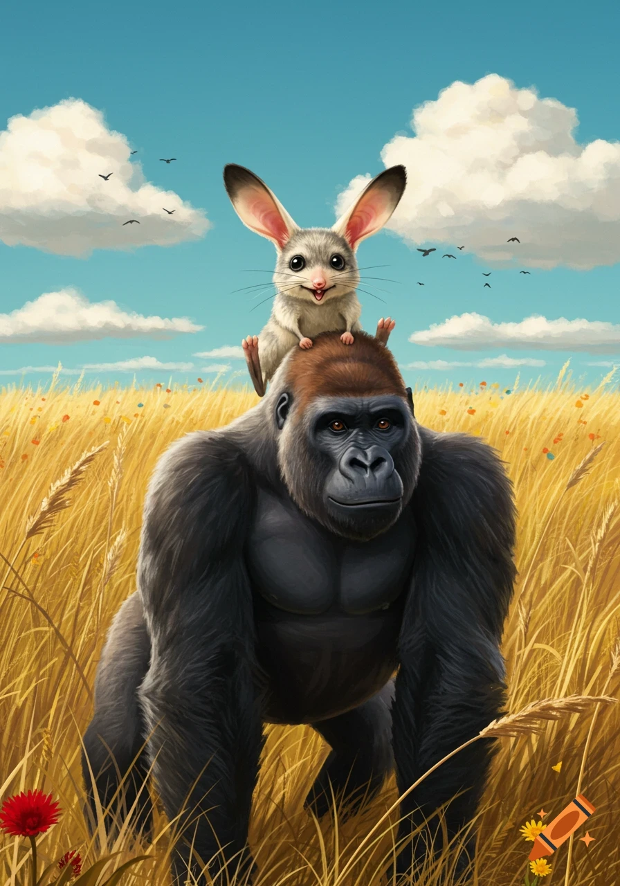 A cartoon-style illustration shows a cute, big-eared creature perched on a gorilla's head in a sunny field with tall golden grass.