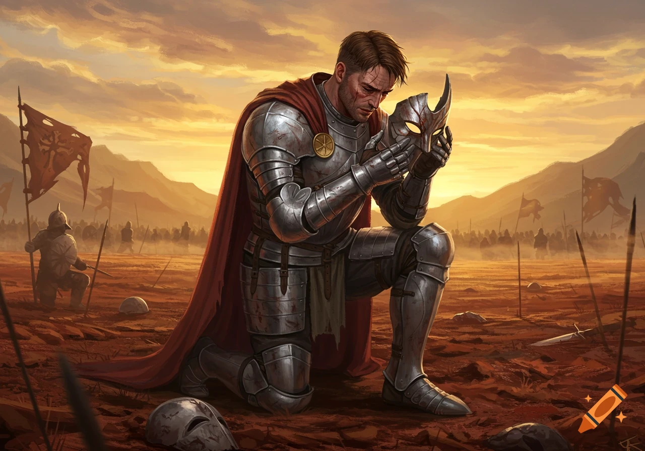 A knight in armor kneels on a battlefield, holding a horned mask in his hands under a sunset sky.