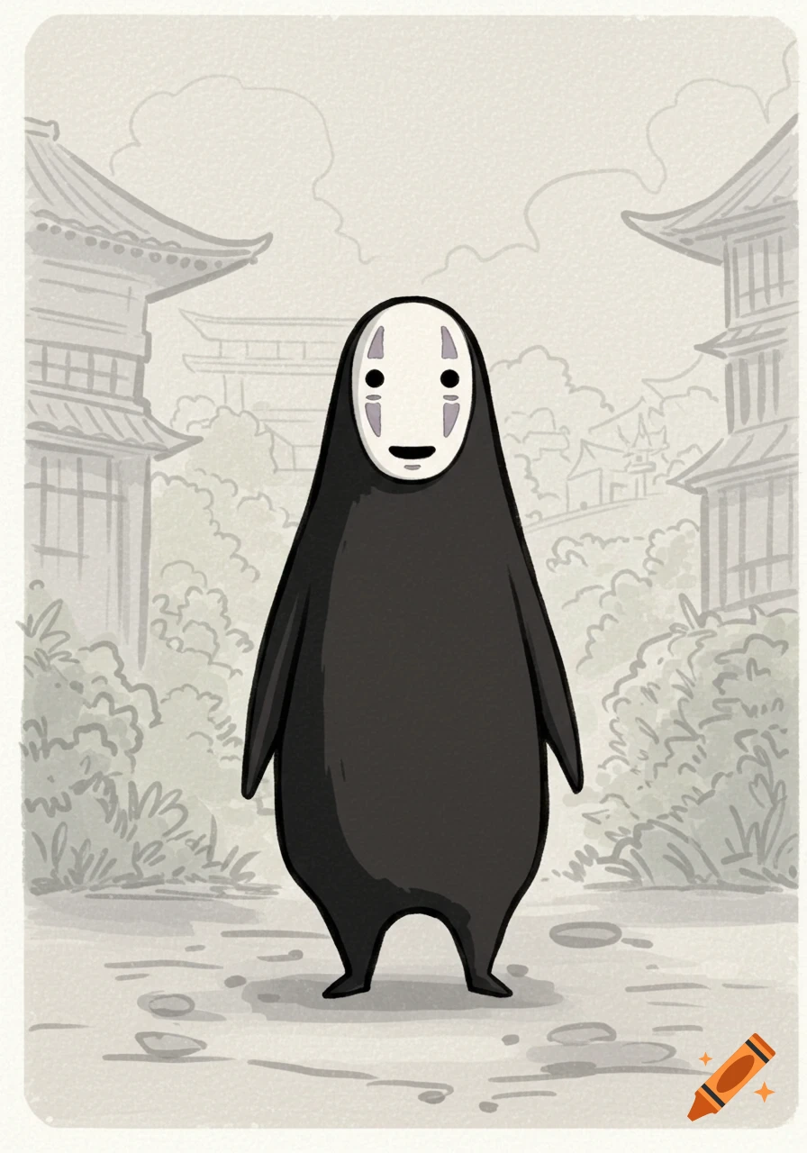 A cartoon sketch of the No Face character from Studio Ghibli, standing outdoors with traditional Japanese buildings in the background.
