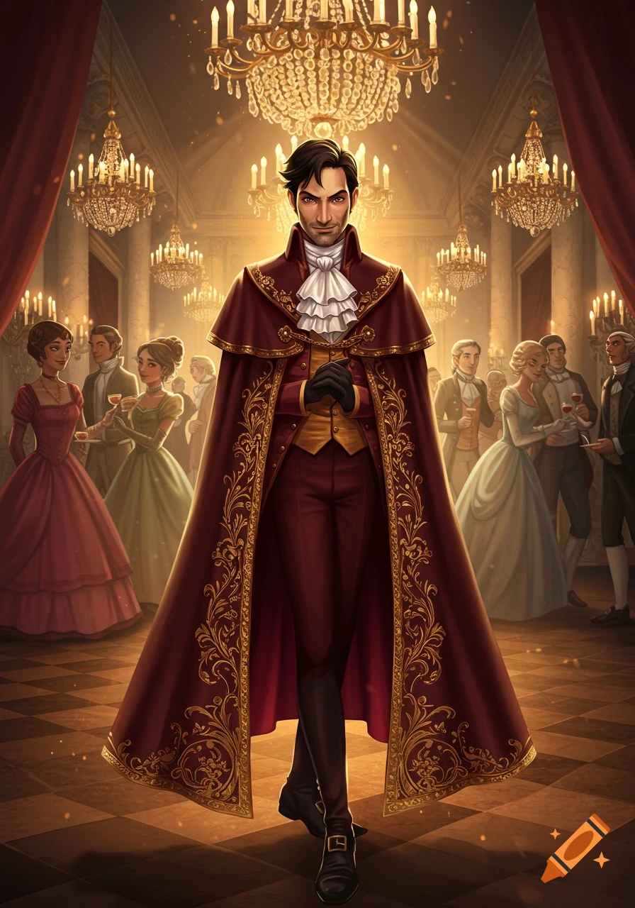 A stylized illustration of a man in a red and gold regency-era coat and ruffled shirt, standing formally in a grand ballroom.