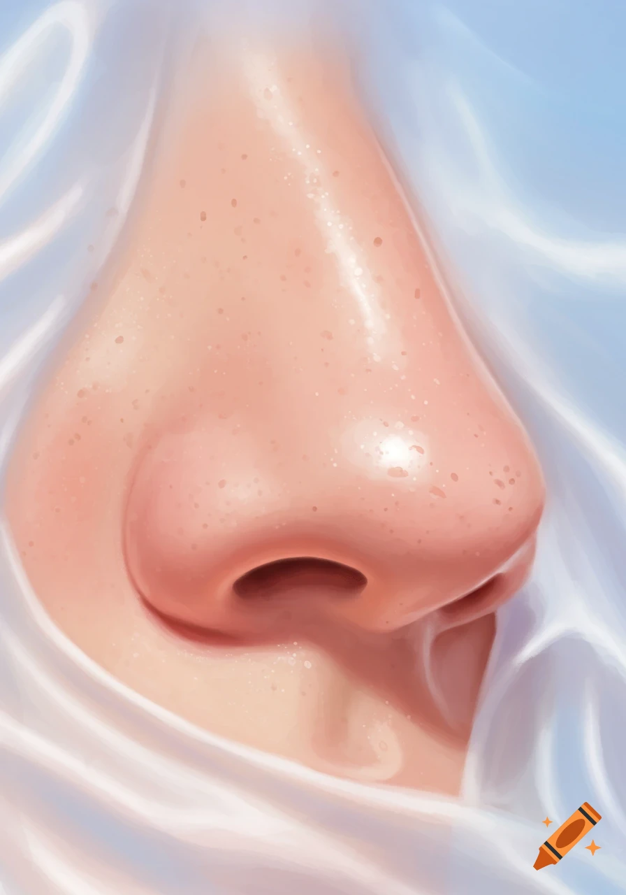 Close-up digital painting of a human nose with detailed skin texture and highlights, partially covered by white fabric.