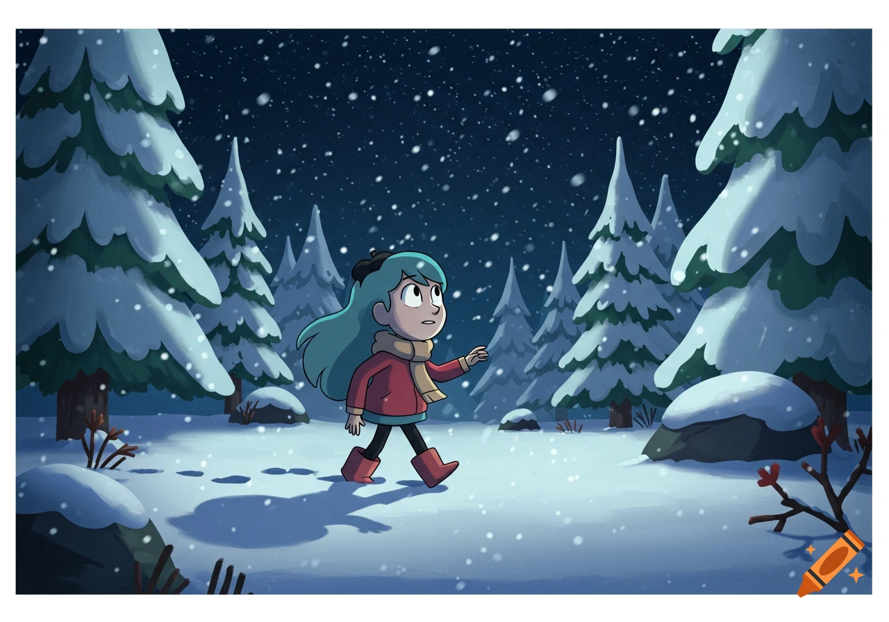 Hilda walks through a snowy forest under a starry night sky in an animated style.