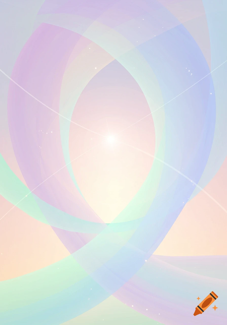 Abstract background with soft, translucent pastel waves in purple, blue, and green around a central light.
