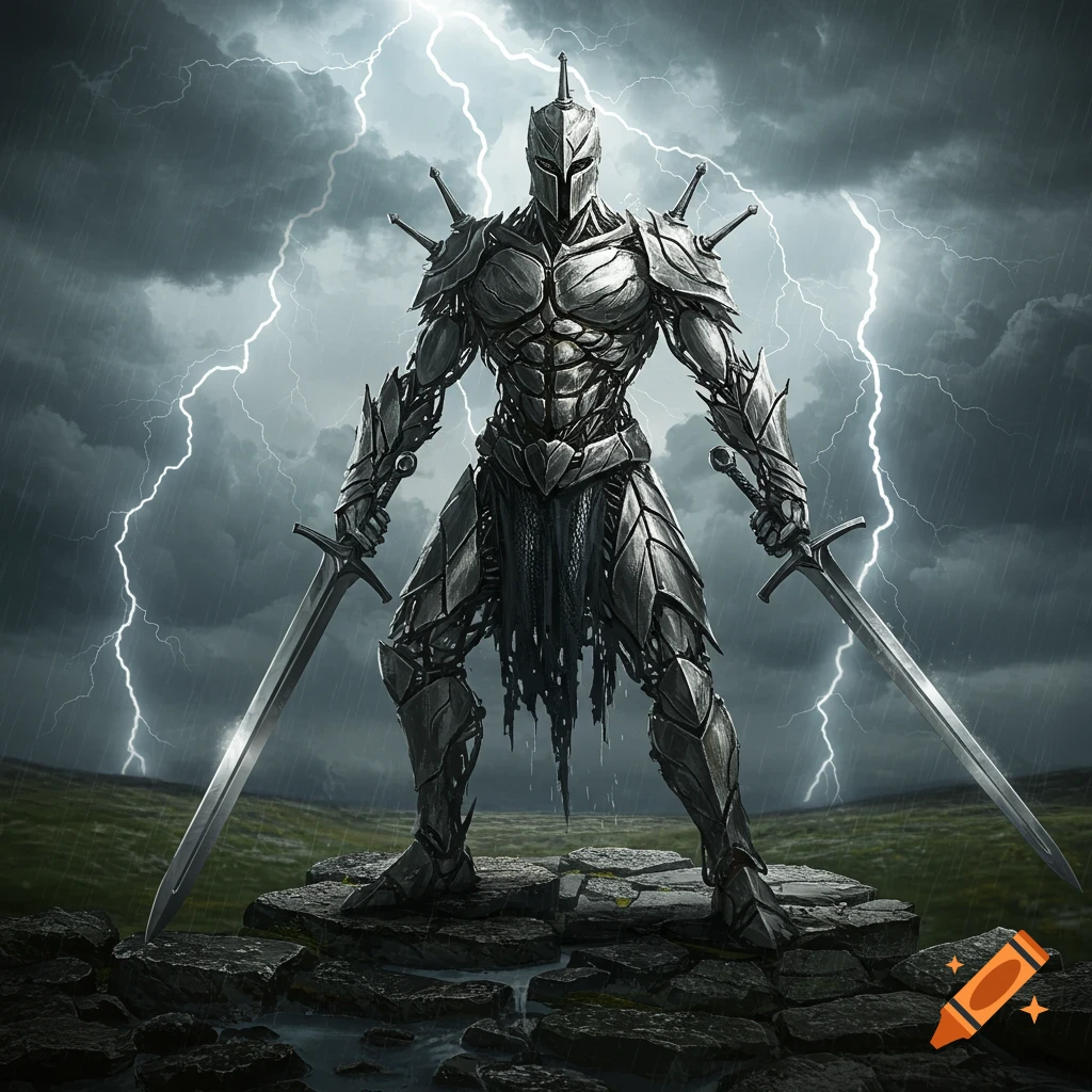 A dark armored warrior holds two longswords against a stormy sky with lightning over a rocky landscape.