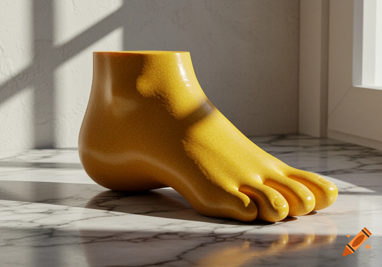 A yellow object shaped like a foot, resembling a mango, sits on a white marble surface in sunlight.