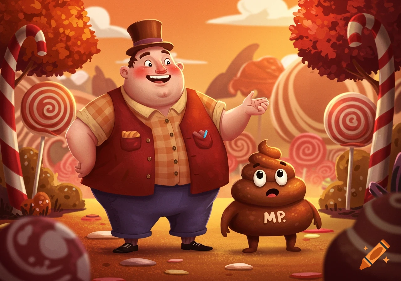 A cheerful cartoon man in a top hat stands with a small, brown cartoon poop character in a vibrant candy land.