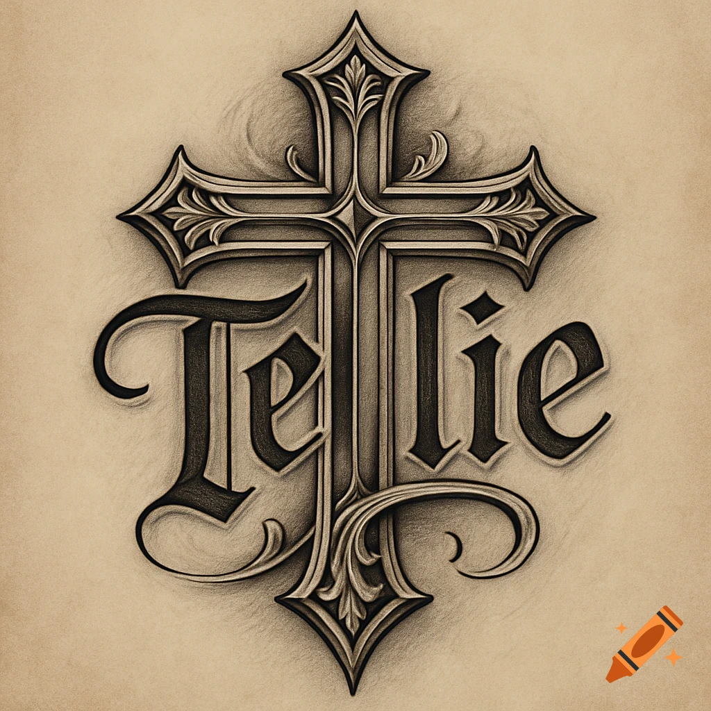 An ornate gothic-style cross with the name 'Tellie' integrated into its design, rendered in a detailed black and white pencil drawing or engraving style.