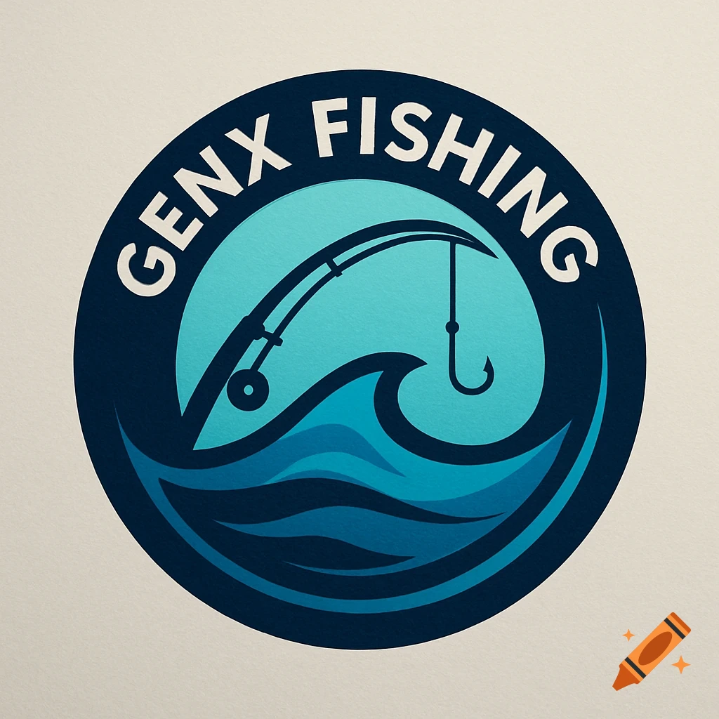 A circular logo for 'GenX Fishing' features a fishing rod and hook over blue waves and a light blue sky.