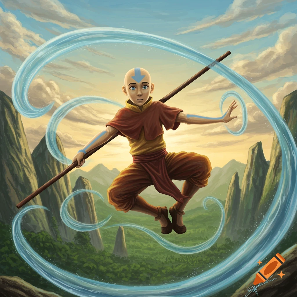 Aang from Avatar: The Last Airbender floats and bends water, staff in hand, amidst a lush, mountainous landscape under a cloudy sky.