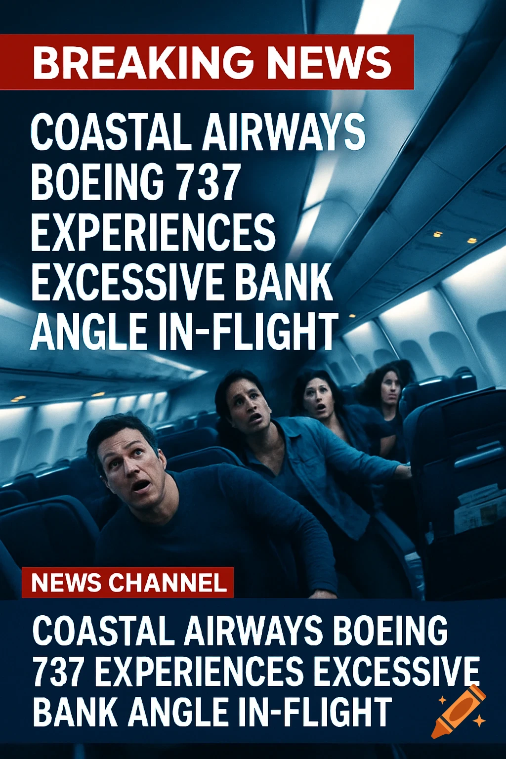 A news graphic showing passengers reacting with fear inside an airplane cabin during a severe bank angle incident, with breaking news headlines.