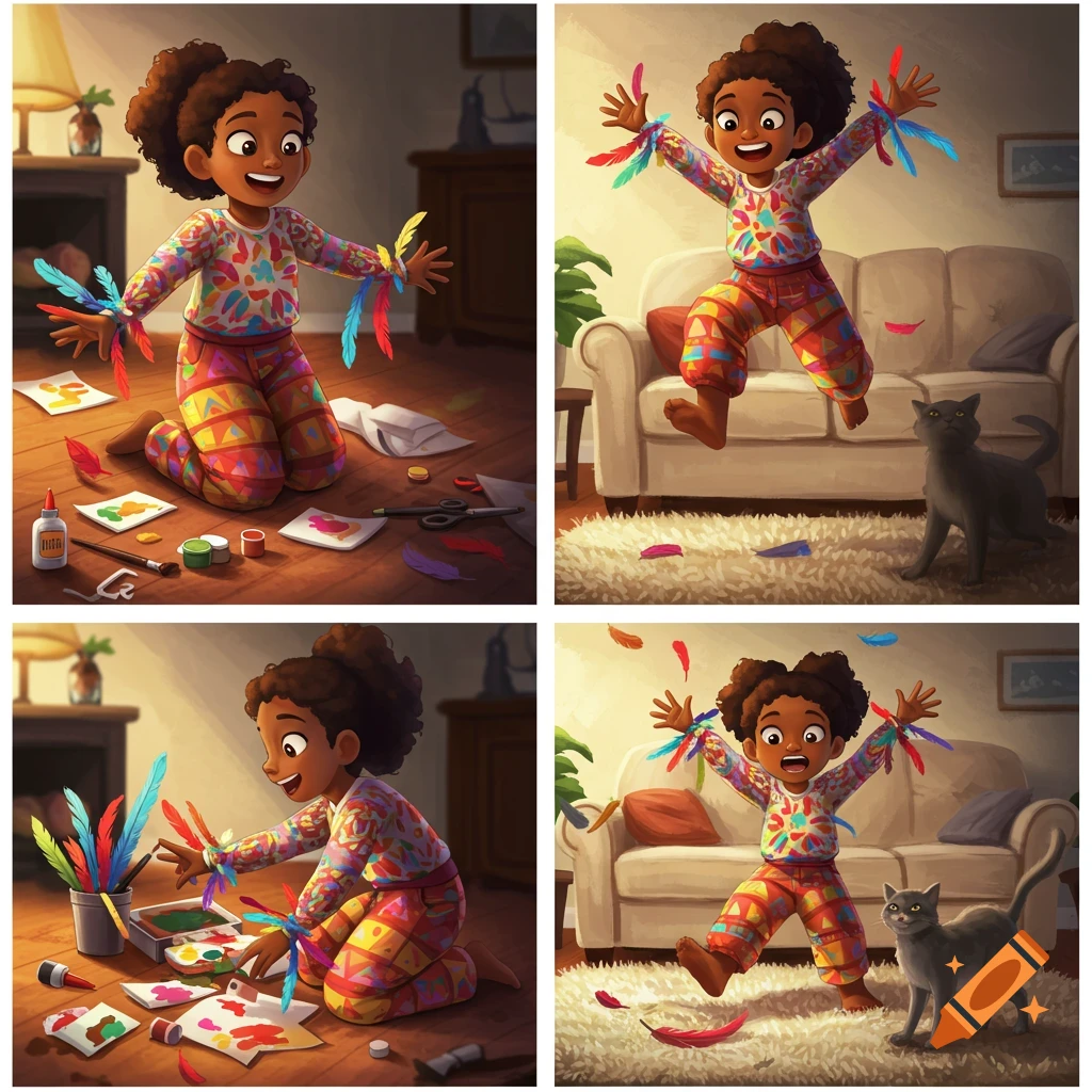 A young Black girl making feather crafts, then jumping and playing with feathers as a cat watches. Illustrated in a bright, colorful style.