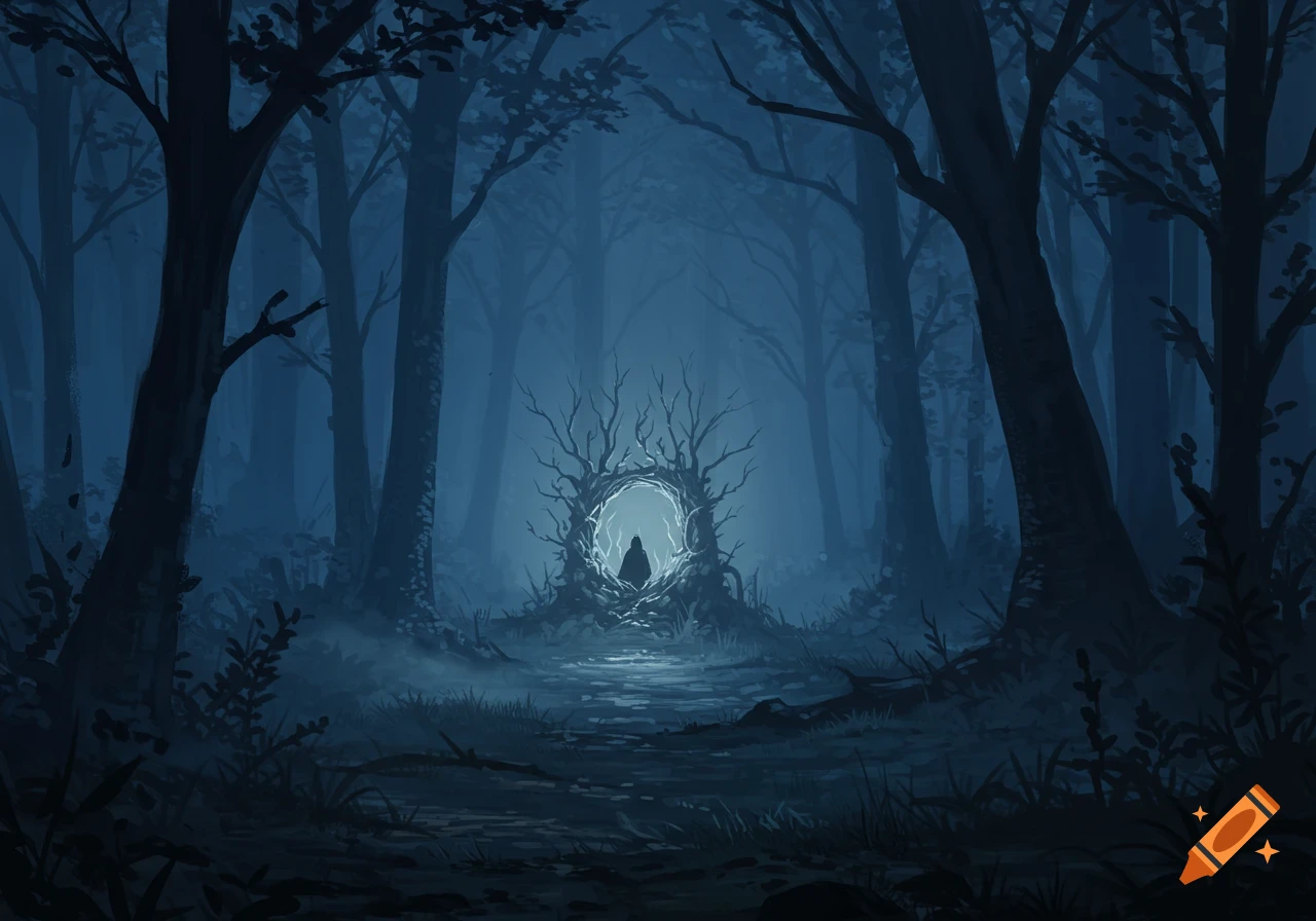 A dark, misty forest at night with tall trees and a glowing, ethereal portal made of gnarled branches, with a cloaked figure silhouetted in its light.
