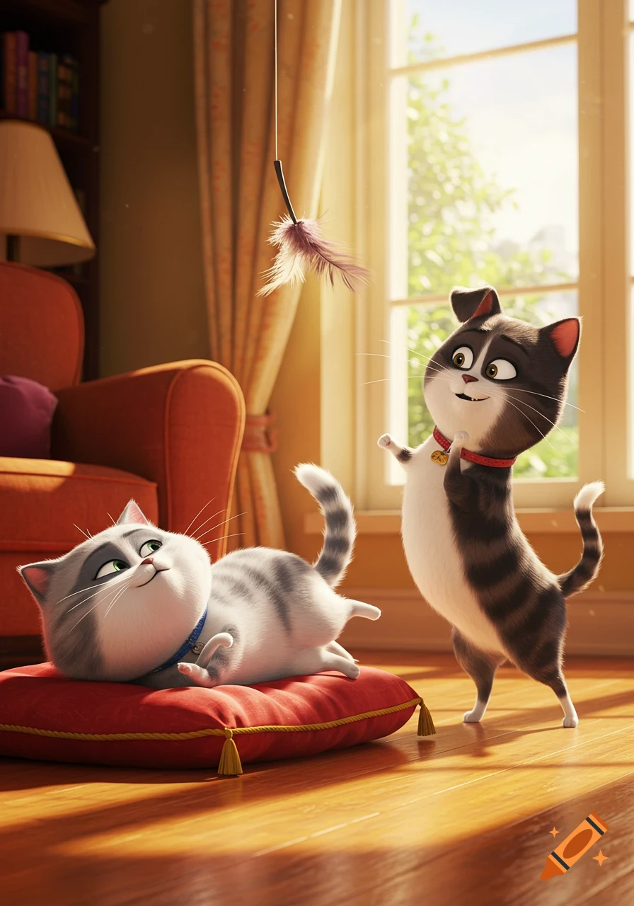 Two cartoon cats, one gray and one brown, playing with a feather toy in a sunlit room, in the style of Secret Life of Pets.