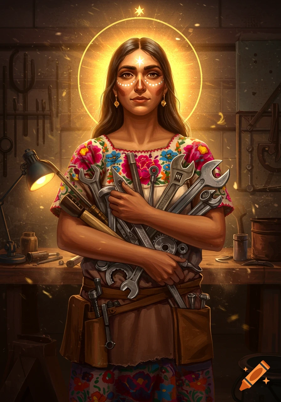 A woman with a glowing halo and starry forehead symbol holds wrenches in a dimly lit workshop, in a colorful embroidered shirt.