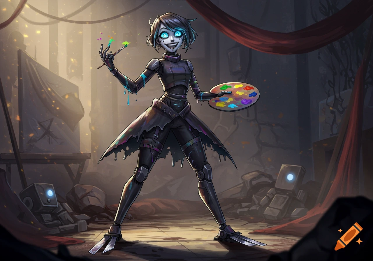 A stylized robot character, an artist, holds a paint palette and brush, splattered with colorful paint, in a dark, industrial setting.