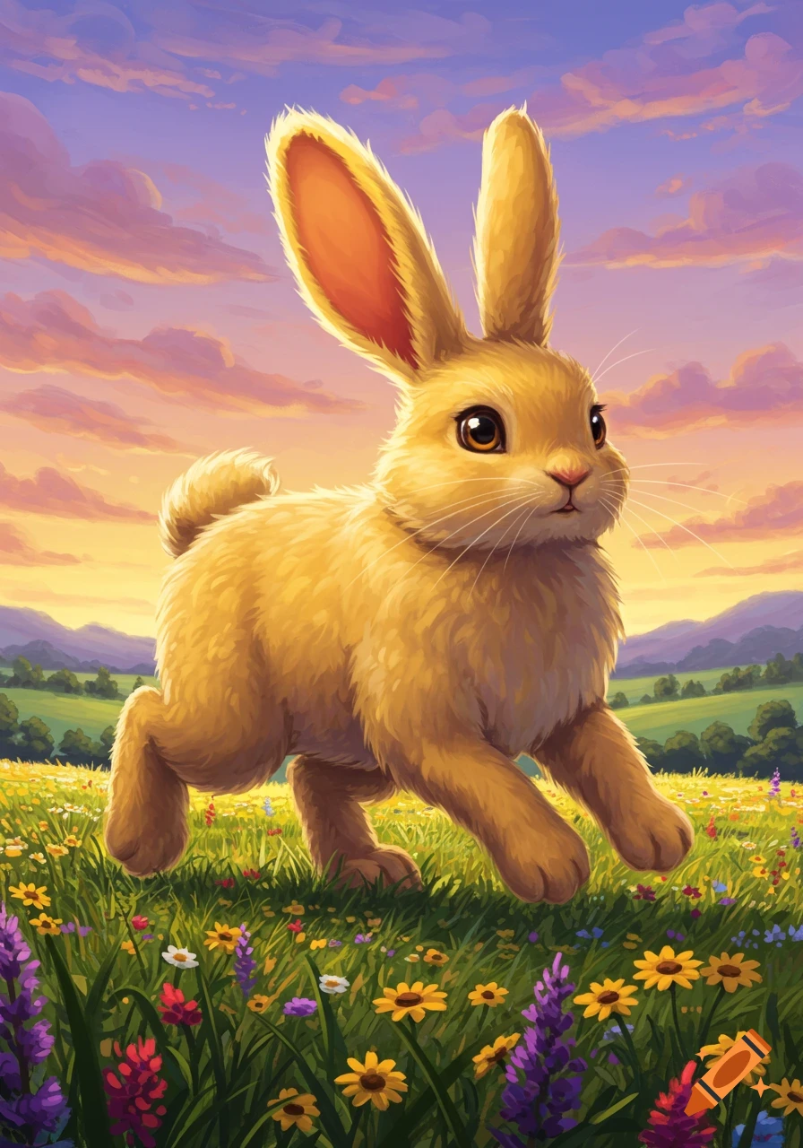 A fluffy golden bunny runs through a field of colorful wildflowers under a sunset sky.