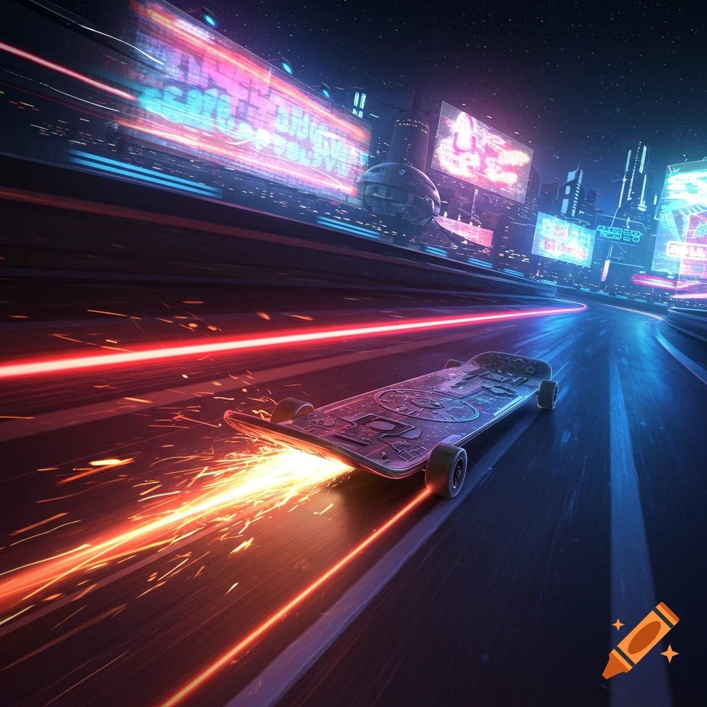 A futuristic skateboard with red sparks speeding down a neon-lit city street at night.
